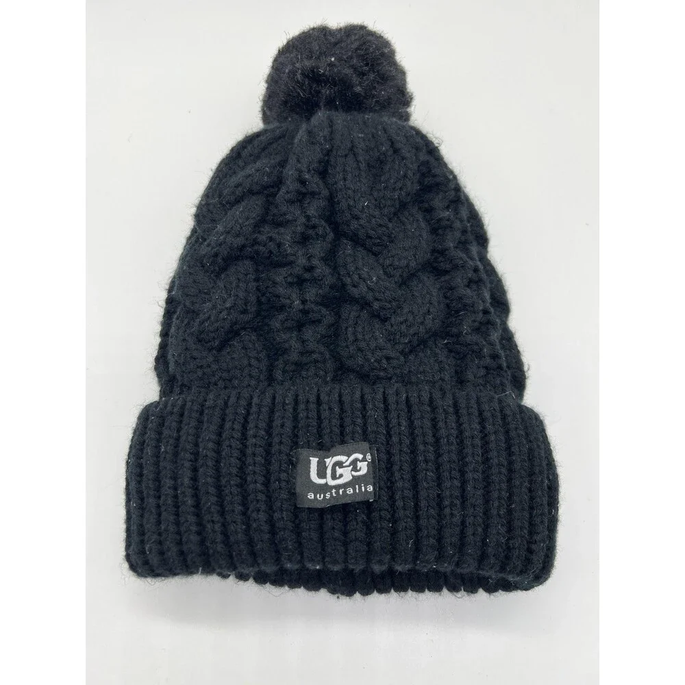 UGG Australia Hat Beanie Womens One Size Black Cable Knit Pom Lined Winter
